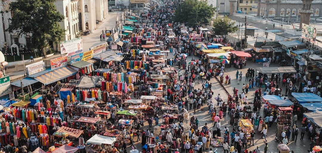 Busy street market scene with local vendors